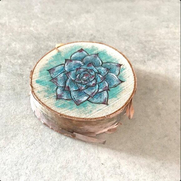 Blue Succulent Tiny Acrylic Painting on Birch Slice Art Artwork Plant Botanical - Picture 3 of 3